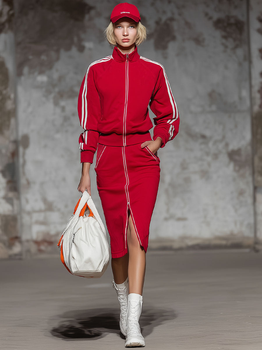 Sporty Style Stand-collar Zip-up Jacket And Skirt Set