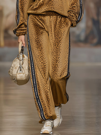 Loose-fitting Velvet Leopard Print Hoodie And Casual Pants Set