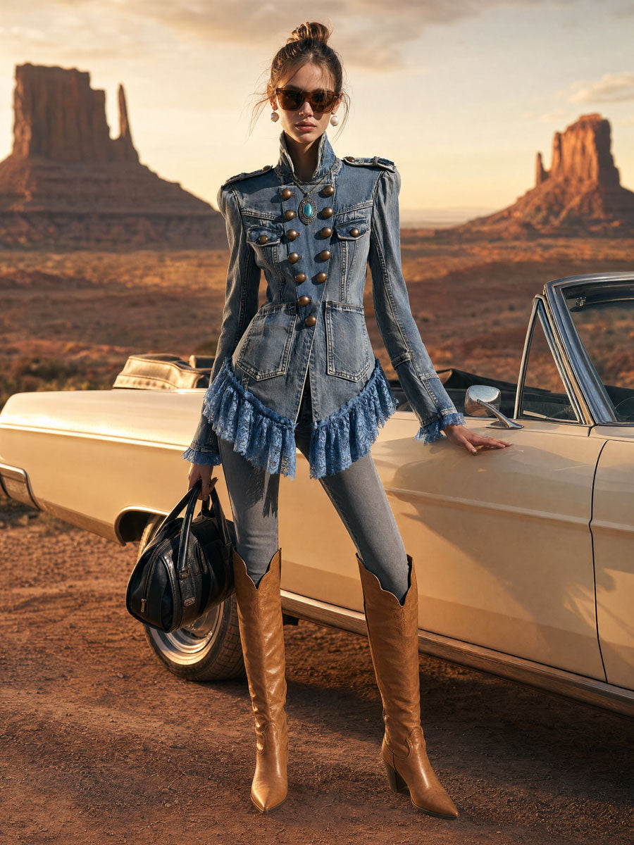 Western Vintage Military Style Lace Ruffled Faded Denim Jacket