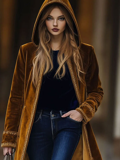 Casual Loose Vintage Velvet Gold Edge Hooded Coat