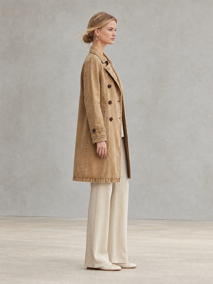 Khaki Washed Denim Trench Coat Women Double-Breasted Belted Long Overcoat
