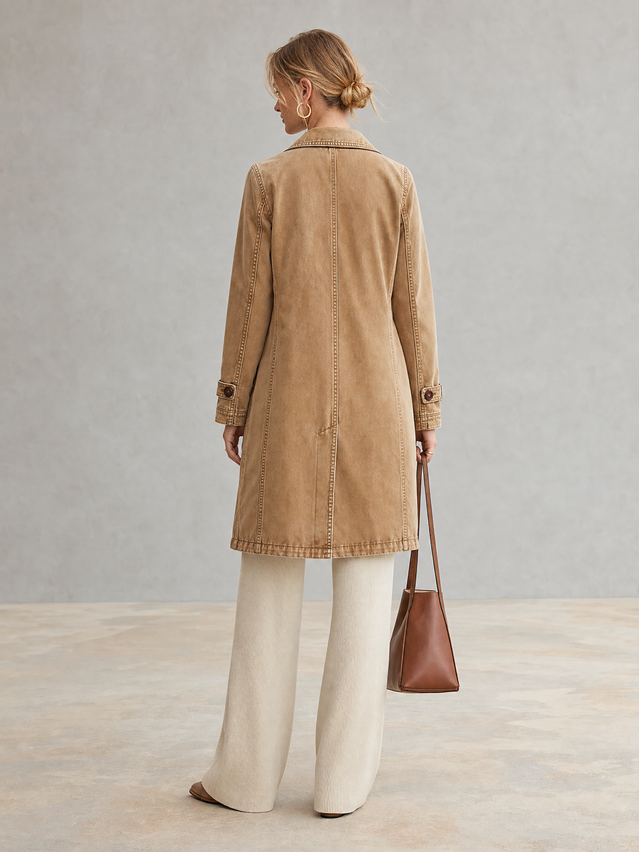 Khaki Washed Denim Trench Coat Women Double-Breasted Belted Long Overcoat
