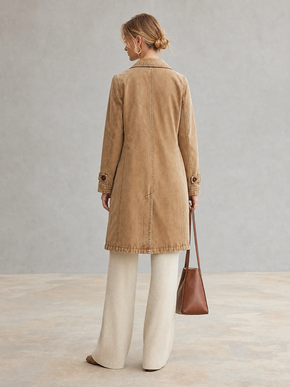 Khaki Washed Denim Trench Coat Women Double-Breasted Belted Long Overcoat