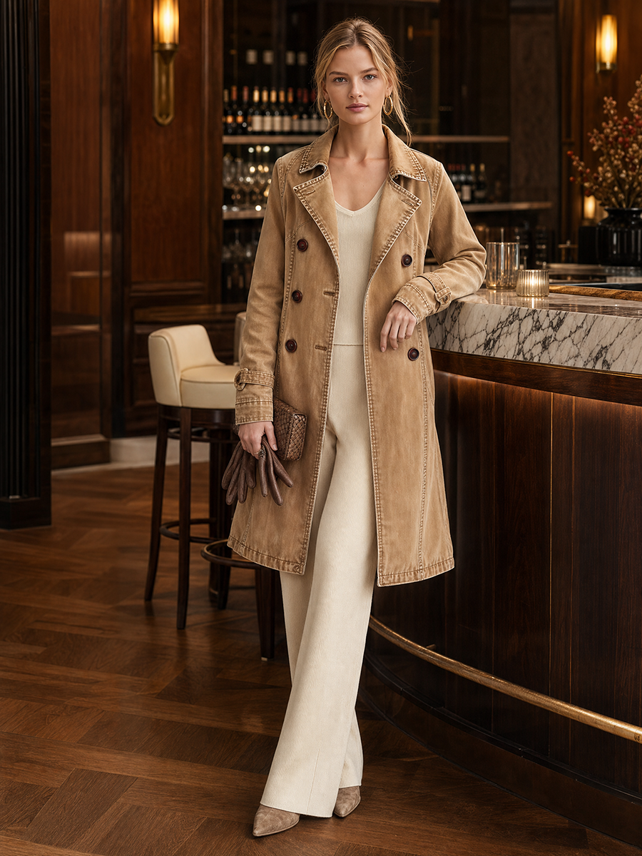 Khaki Washed Denim Trench Coat Women Double-Breasted Belted Long Overcoat