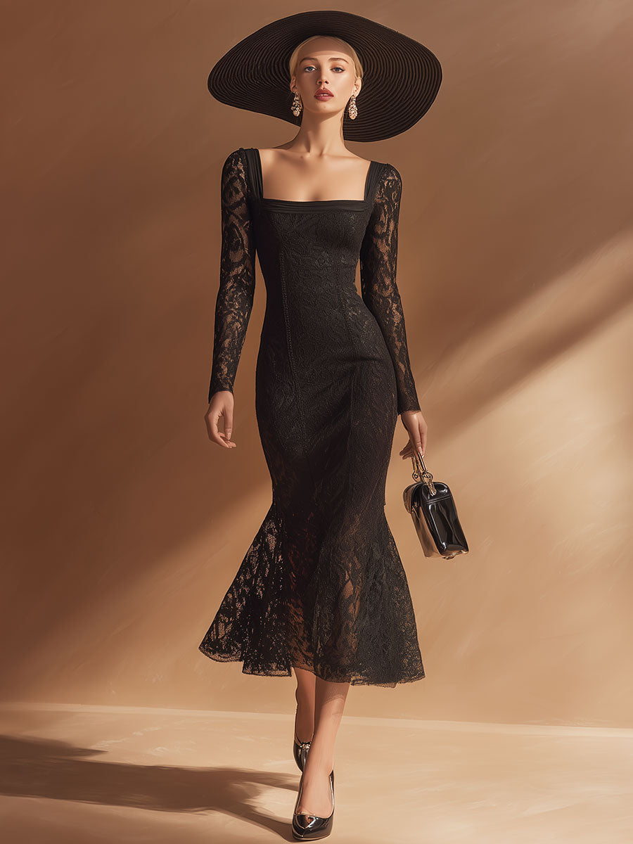 Stylish, Elegant, And Sexy Black Square-neck Lace Midi Dress