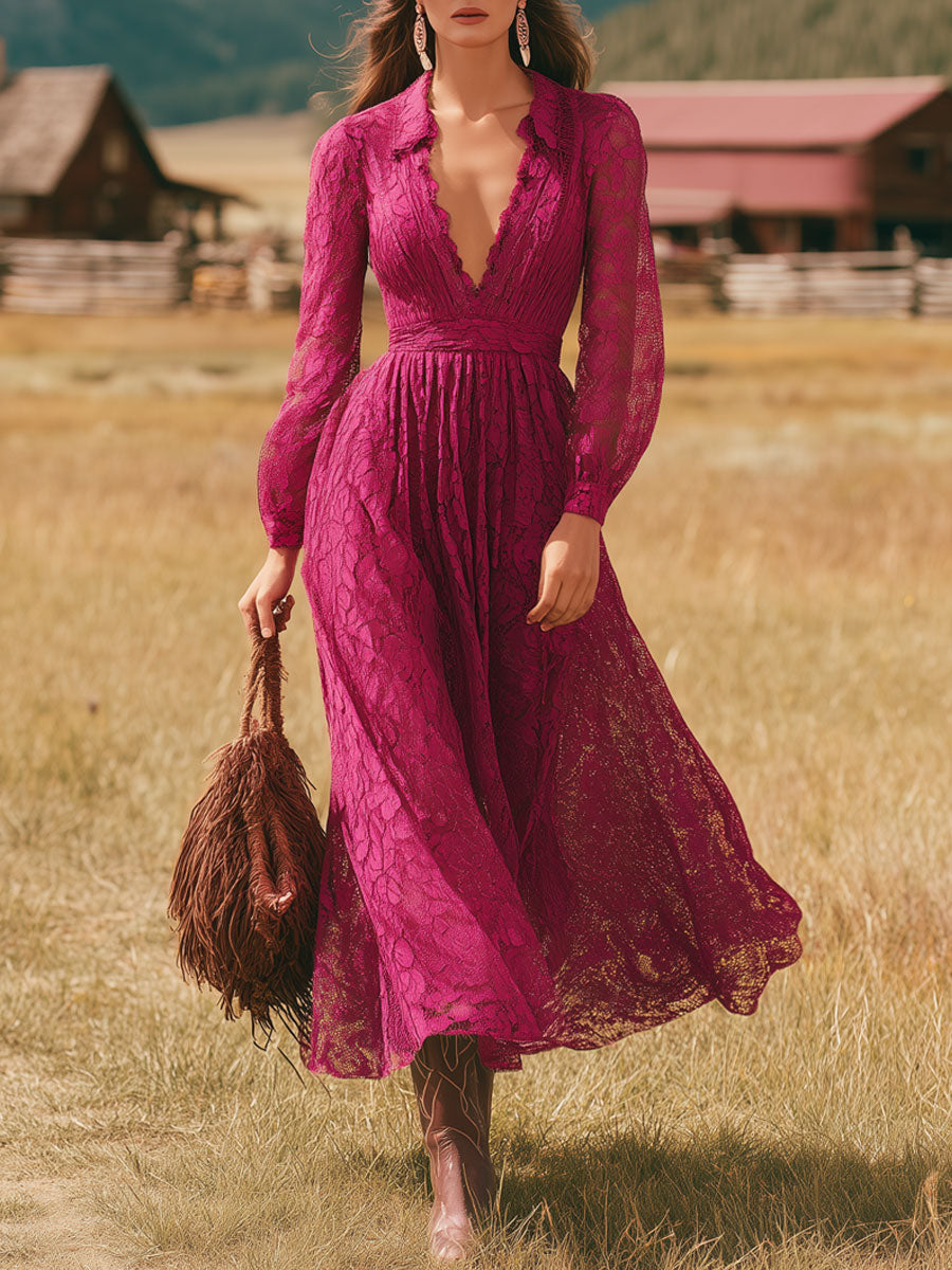 Western Retro V-neck Rose Red Lace Long-sleeved Midi Dress