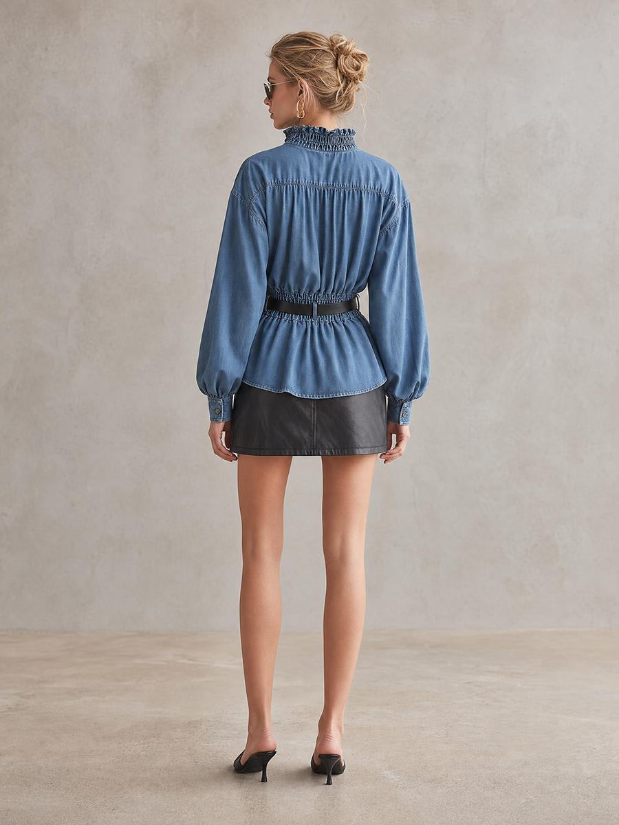 Blue Denim Peplum Shirt Women Ruffle Collar Puff Sleeve Belted Blouse