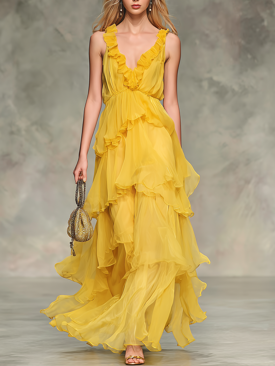 Elegant And Stylish V-neck Layered Chiffon Ruffles Maxi Dress