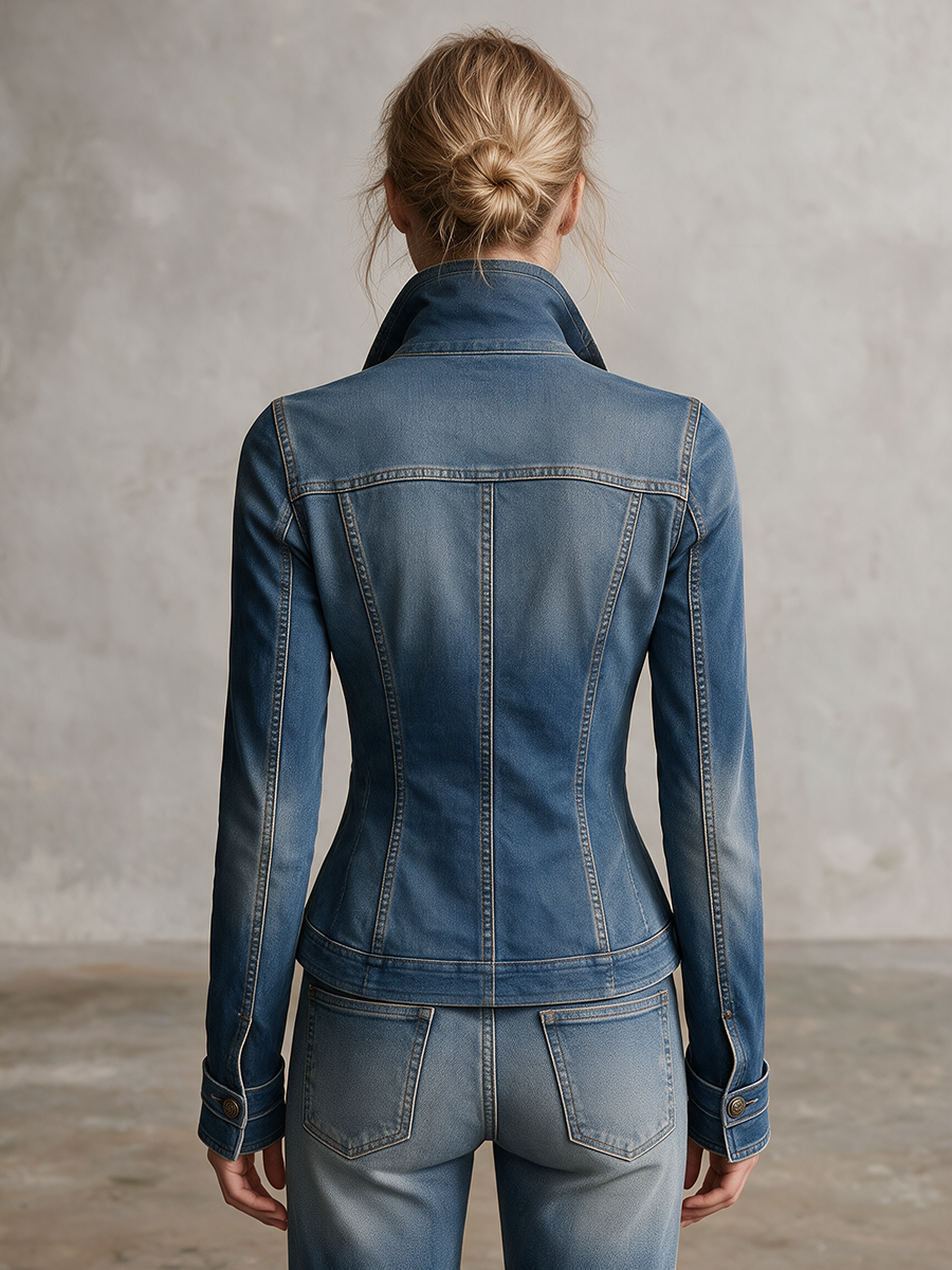 Blue Military Denim Jacket Women Stand Collar Fitted Gingham Lined Western