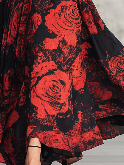 Vintage Black Chiffon Dress With Red Rose Texture Maxi Dress