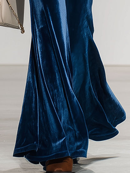 Loose And Casual Wide-leg Blue Velvet Overalls