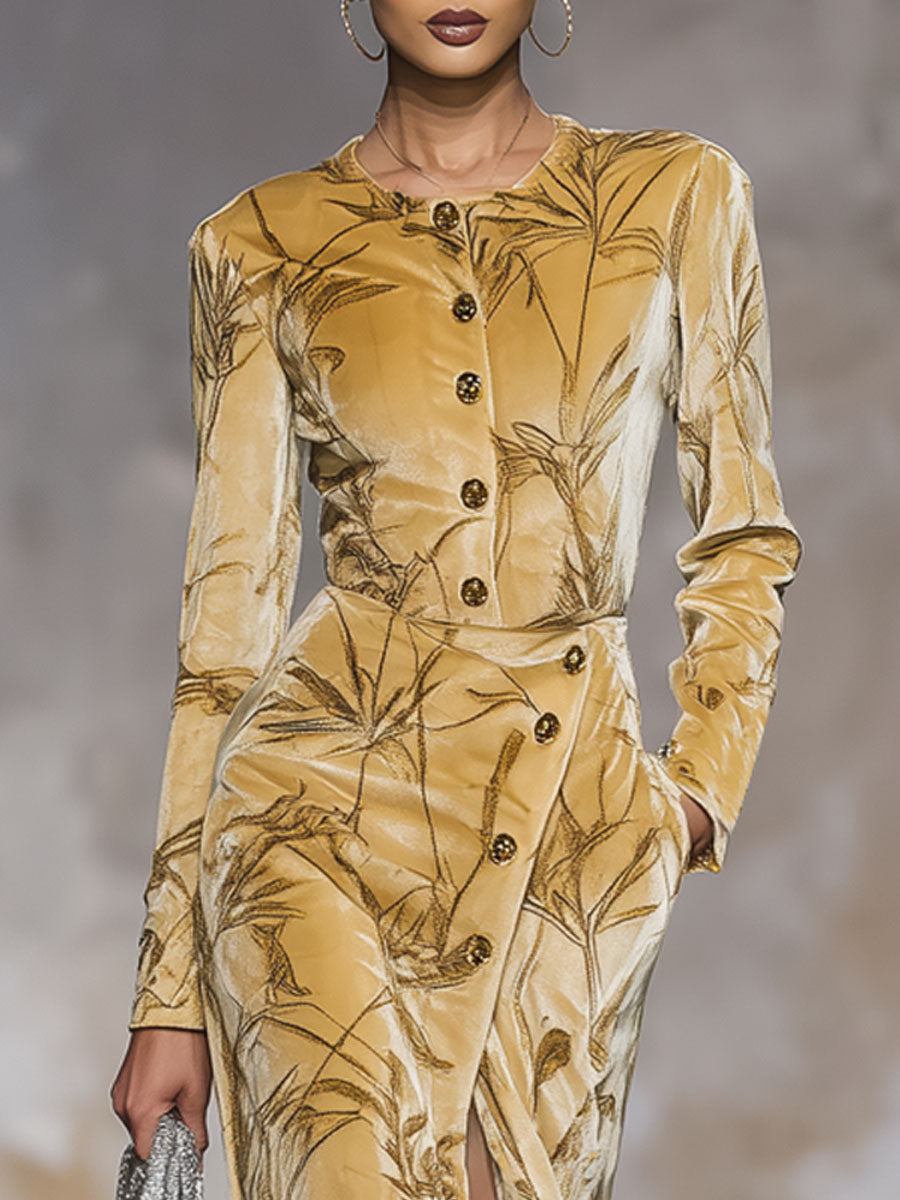 Retro Leaf Print Round Neck Velvet Button Midi Dress