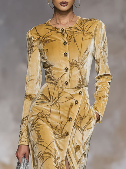 Retro Leaf Print Round Neck Velvet Button Midi Dress