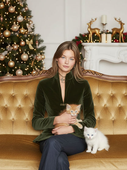 Elegant Retro Gold-buttoned Dark Green Velvet Blazer