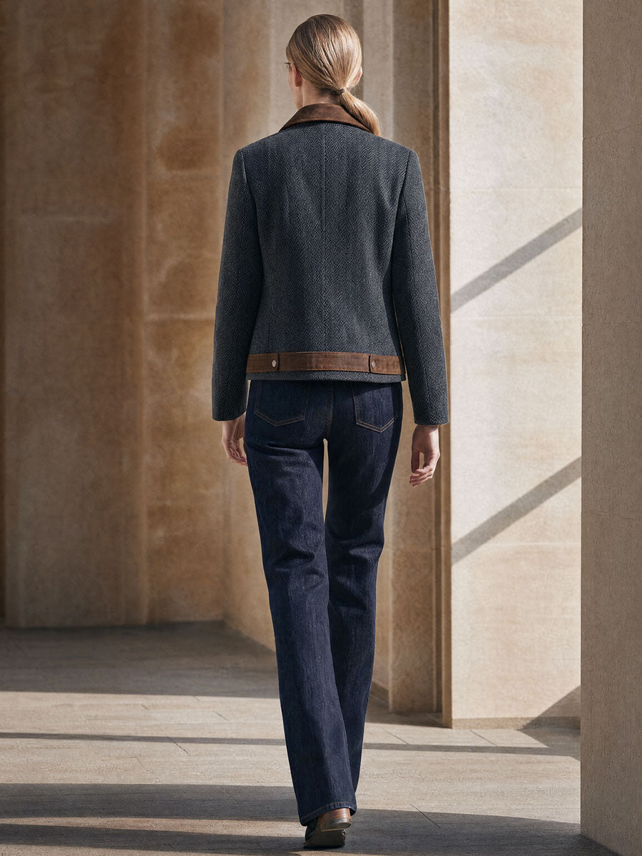 Casual Retro Suede Patchwork Dark Gray Herringbone Zip-up Jacket