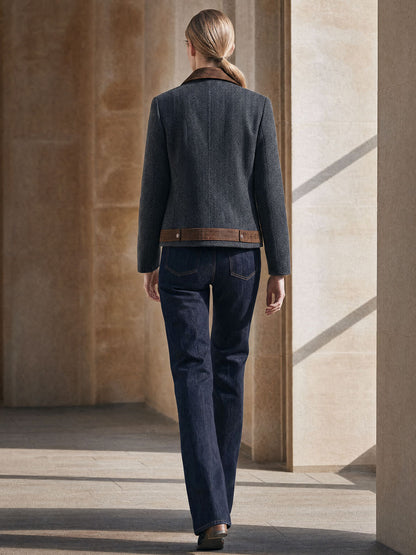 Casual Retro Suede Patchwork Dark Gray Herringbone Zip-up Jacket