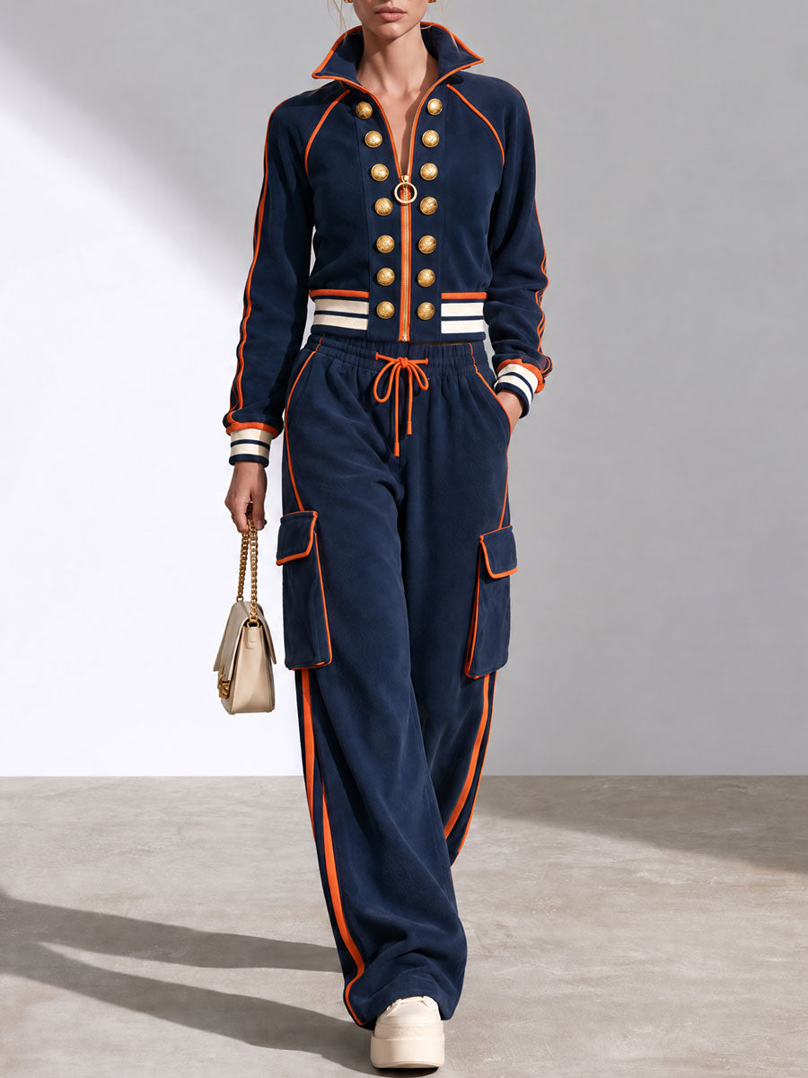 Sporty Retro Double-breasted Decorative Button-down Blue Jacket And Trousers Set