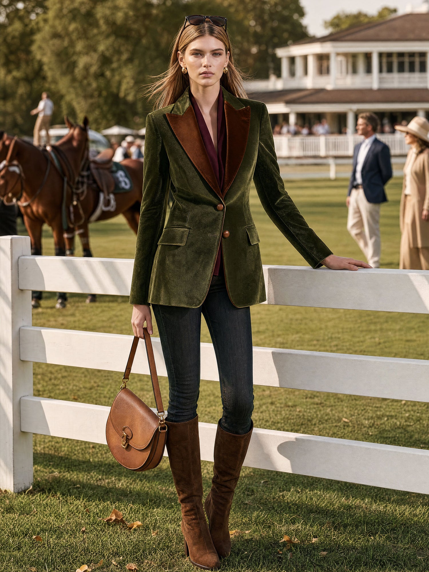 Casual Retro Brown Lapel Moss Green Velvet Blazer