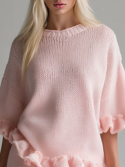 Comfortable Relaxed Round Neck Ruffled Short Sleeve Knitted T-shirt And Mini Skirt Set