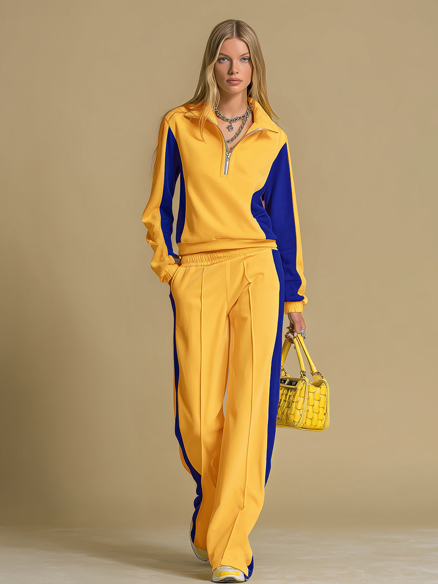 Retro Sporty Color-blocked Long-sleeved Sweatshirt And Wide-leg Pants Set