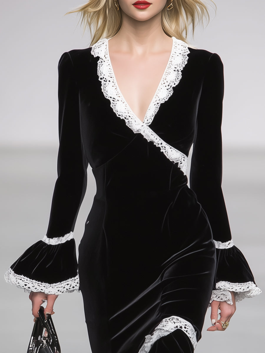 Simple And Stylish White Lace-trimmed Black Ruffled Fishtail Midi Dress