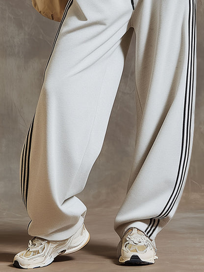 Sporty Retro Striped White-grey Cotton Blend Wide-leg Pants