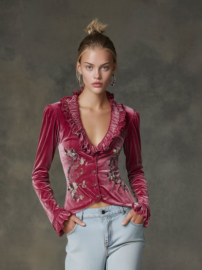 Fashionable Retro Floral Embroidered Rose Red Velvet Ruffled Long-sleeved Shirt