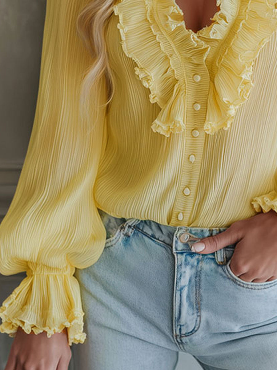 V-neck Chiffon Single-breasted Long-sleeved Shirt