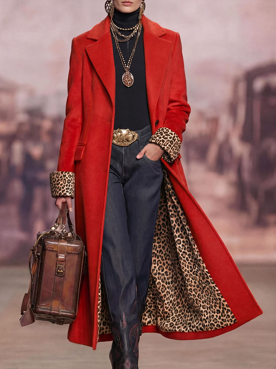 Lapel Single-breasted Leopard Print Wool Coat