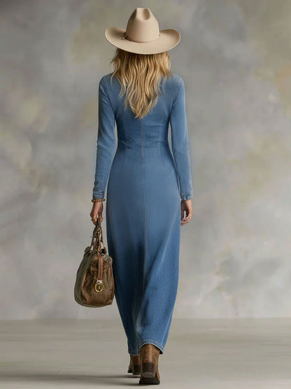 V-neck Single-breasted Side-slit Denim Long-sleeved Maxi Dress