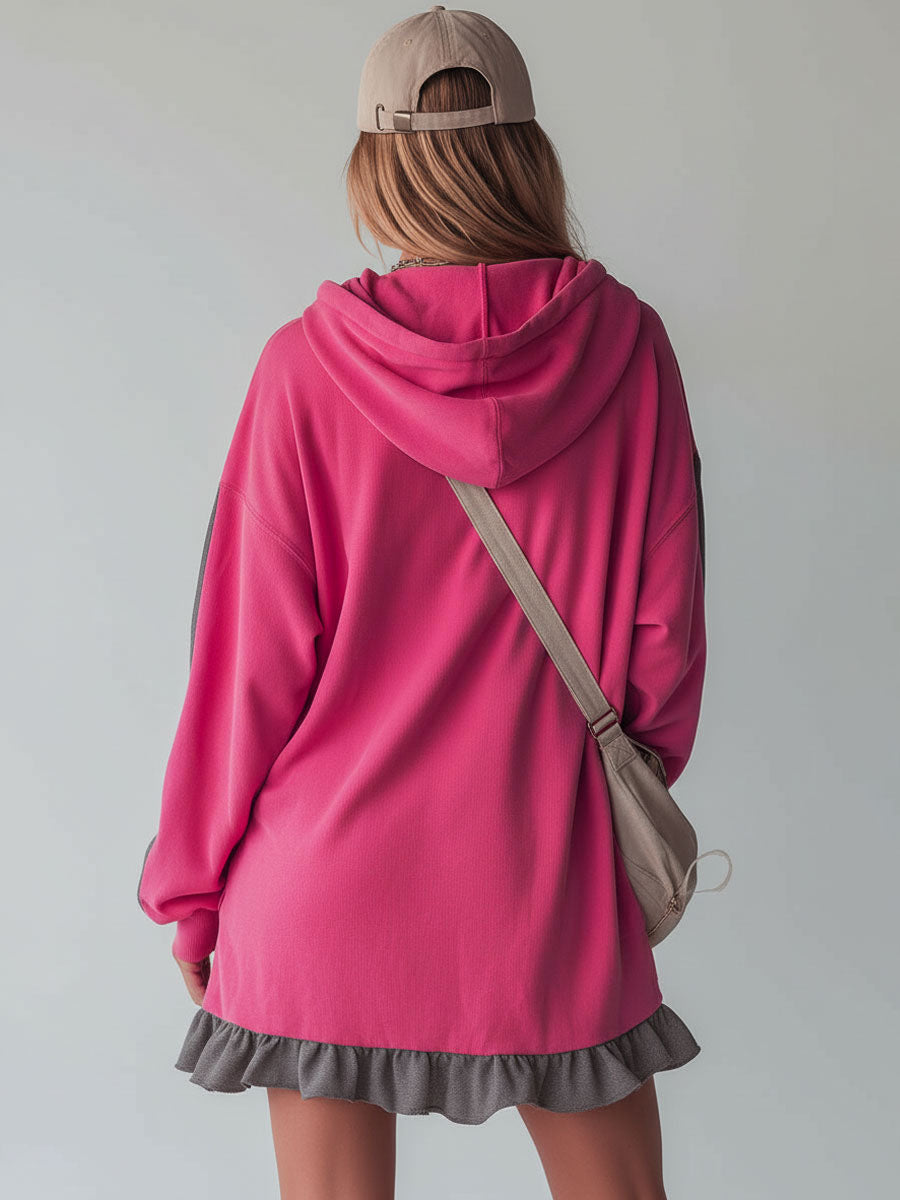 Sporty Color-blocked Ruffled Half-zip Hooded Long-sleeved Mini Dress