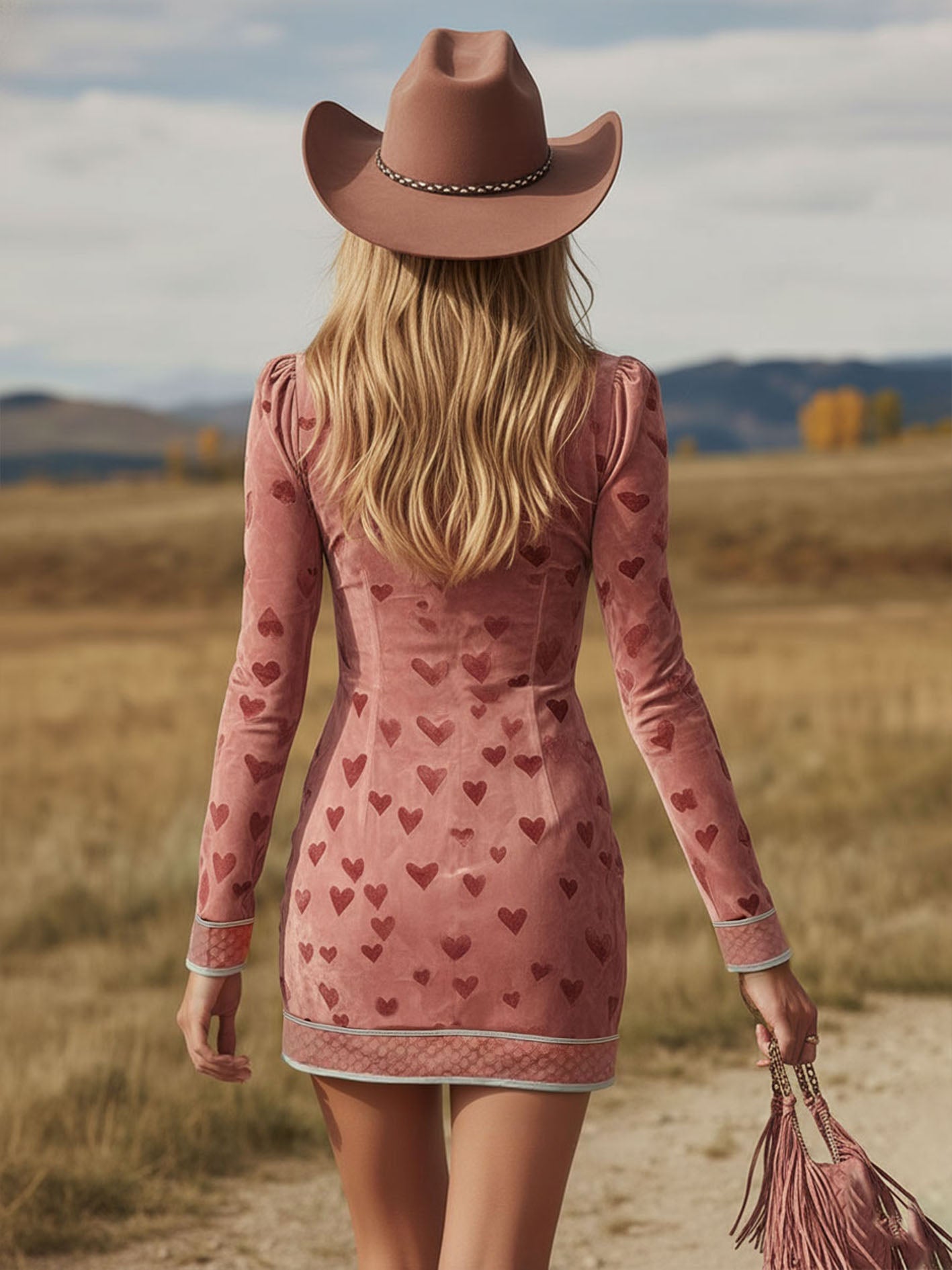 Western Style V-neck Fringed Heart Print Faux Suede Long-sleeved Mini Dress