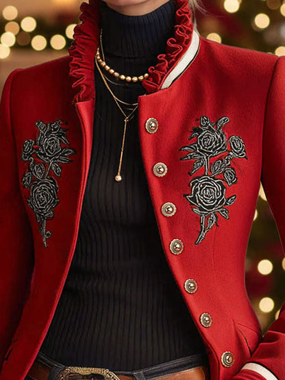 Ruffled Stand-up Collar Single-breasted Rose Embroidered Jacket
