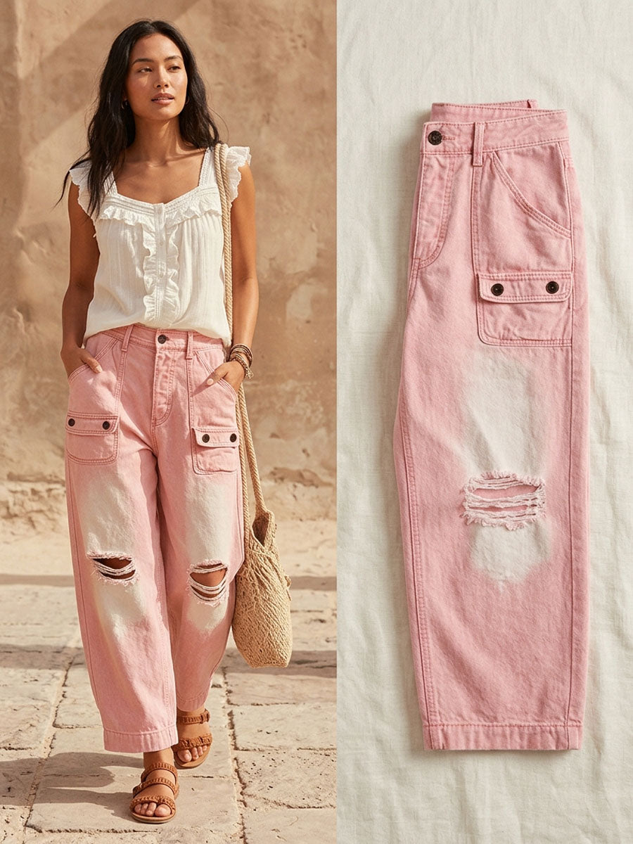 Retro Casual Pink Ripped Jeans