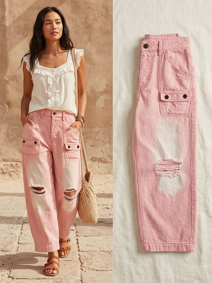 Retro Casual Pink Ripped Jeans
