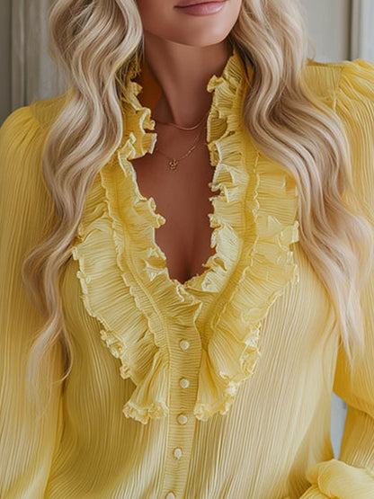 V-neck Chiffon Single-breasted Long-sleeved Shirt