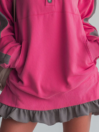 Sporty Color-blocked Ruffled Half-zip Hooded Long-sleeved Mini Dress