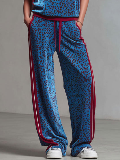Leopard Print Hooded Sleeveless Top And Velvet Trousers Set