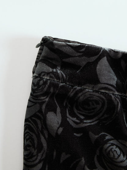 Black Rose Print A-line Velvet Skirt