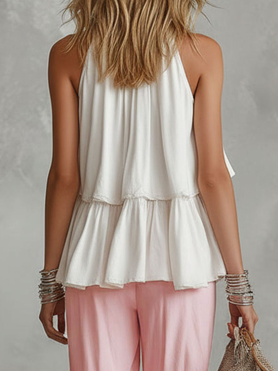 High-necked Sleeveless Cotton Blend Top