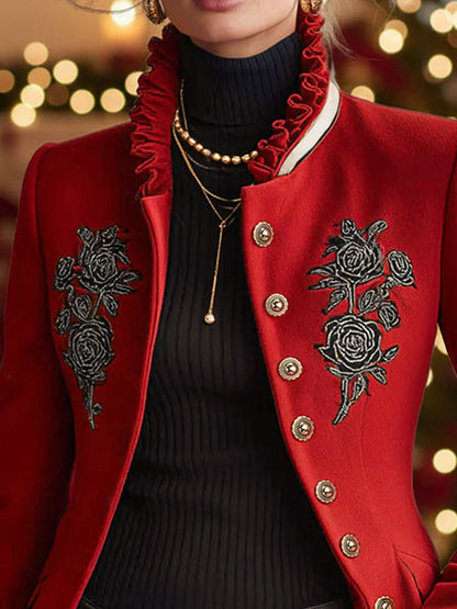 Ruffled Stand-up Collar Single-breasted Rose Embroidered Jacket