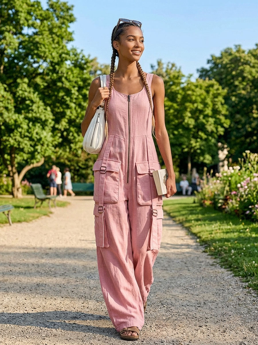 Pink Cotton-linen Multi-pocket Zippered Sleeveless Jumpsuit
