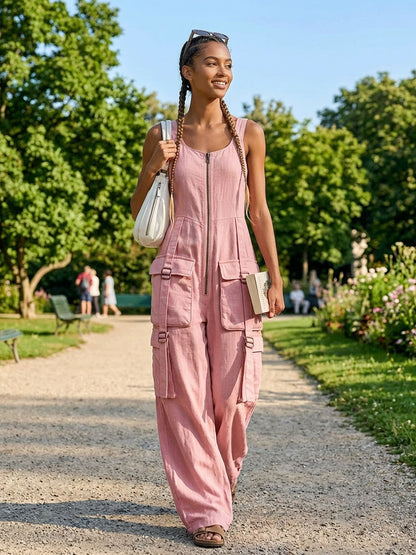 Pink Cotton-linen Multi-pocket Zippered Sleeveless Jumpsuit