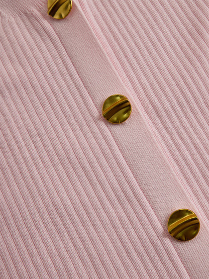 Elegant Pink V-neck Single-breasted Knitted Mini Dress