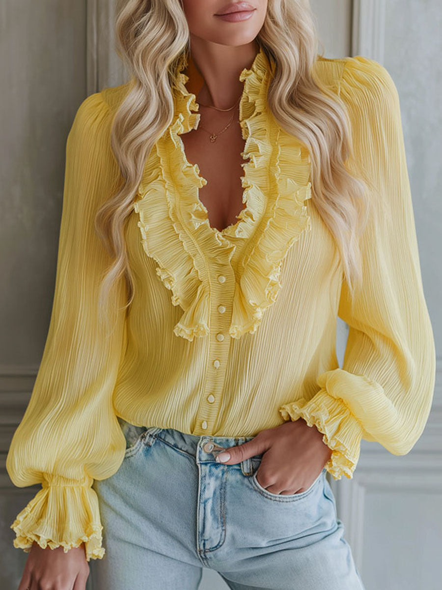V-neck Chiffon Single-breasted Long-sleeved Shirt