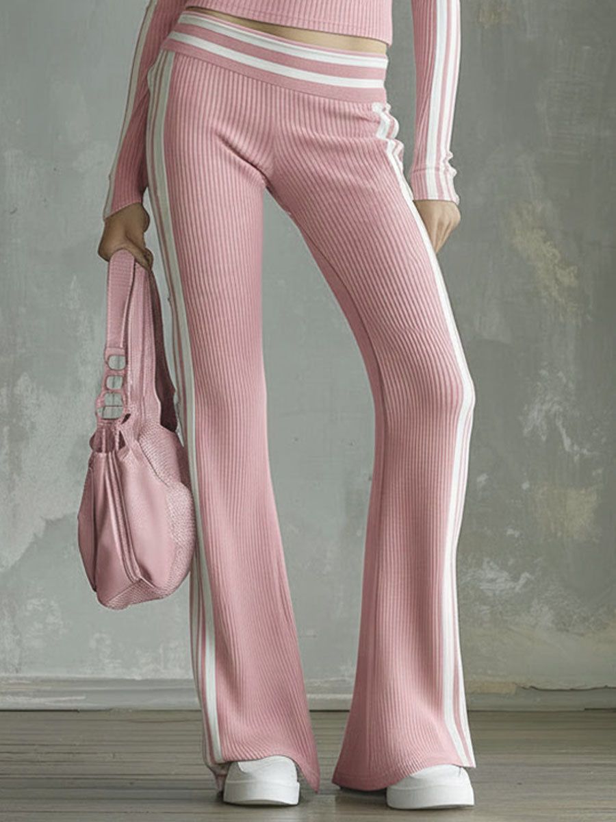 Color-blocked V-neck Long-sleeved Top And Trousers Ribbed Set
