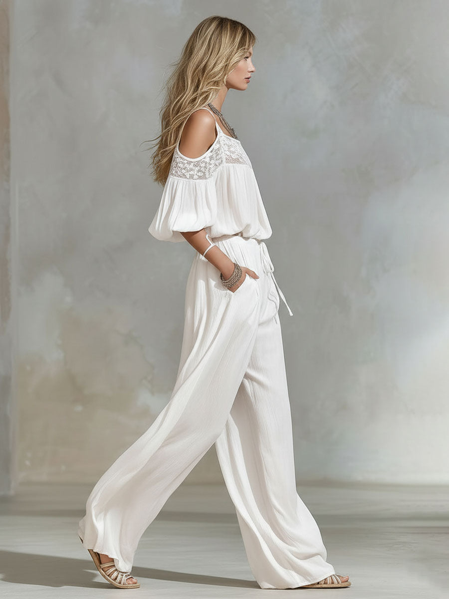 Square-neck Off-the-shoulder Lace Puff-sleeve Top And Pants Set