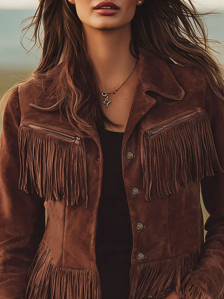 Western-style Brown Suede Tassel Zip-up Jacket