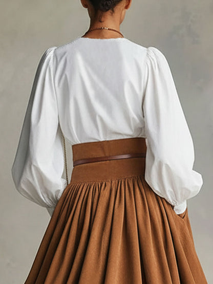 V-neck Lace-trimmed Bubble Cotton Long-sleeved Shirt