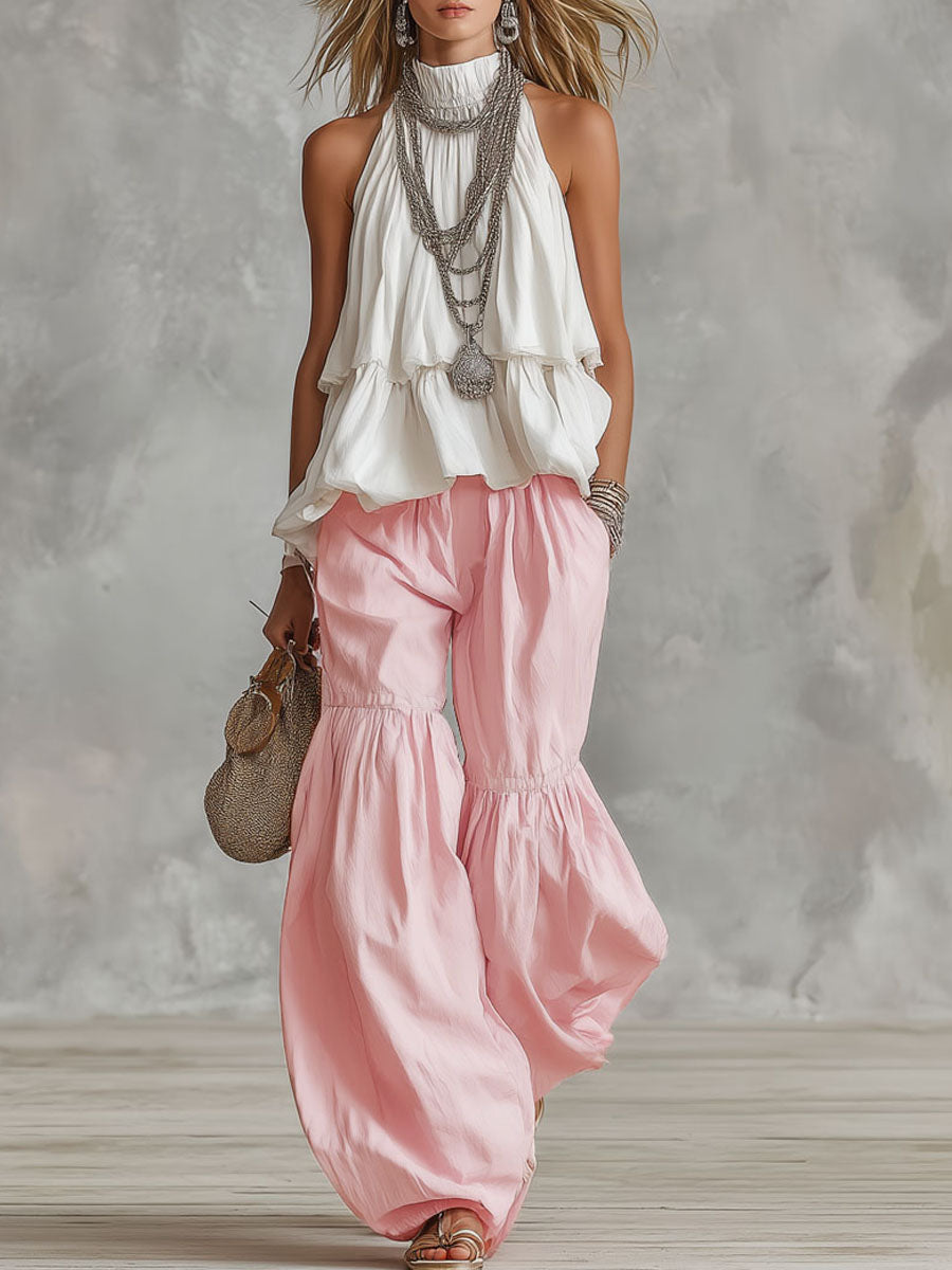 Cotton Turtleneck Sleeveless Top And Pants Set